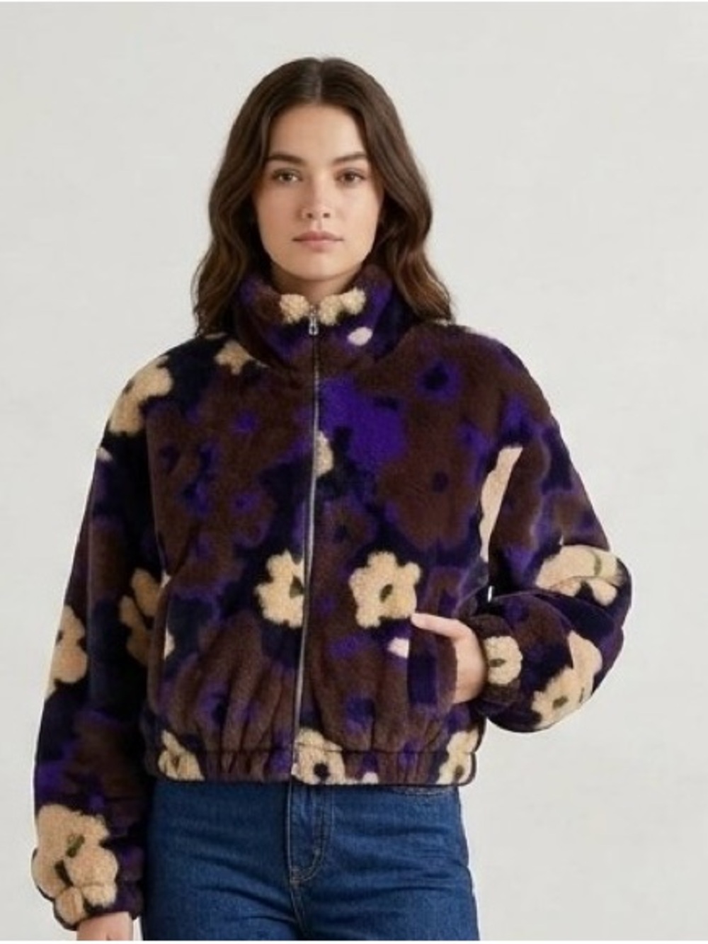 BP Floral Faux Fur Cropped Zip-Up Jacket Medium Purple Brown Cream